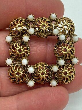 Vintage Square Gold Tone Filigree Brooch Pin Faux Mini Pearls